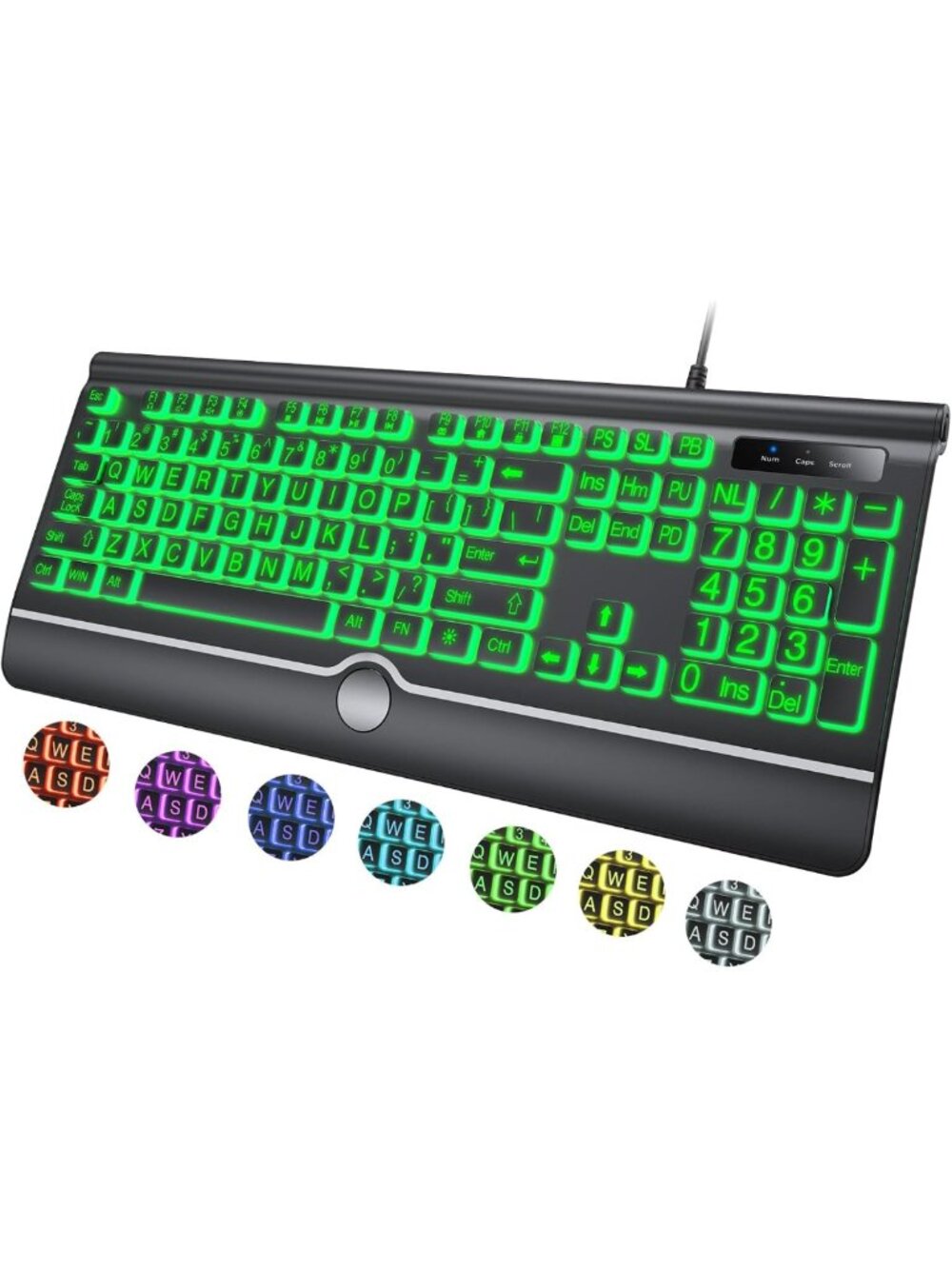 Large Print Backlit Keyboard with Wrist Rest - 7 Colors, USB Plug & Play, Easy